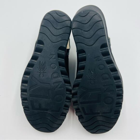 FLY London Yile Black Perforated Leather Peep Toe Platform Wedge Sandal Size 8 - Picture 8 of 14